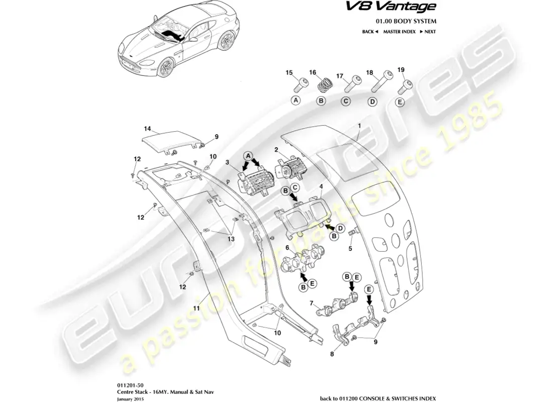 aston martin v8 vantage (2015) centre stack, manual, 16my part diagram