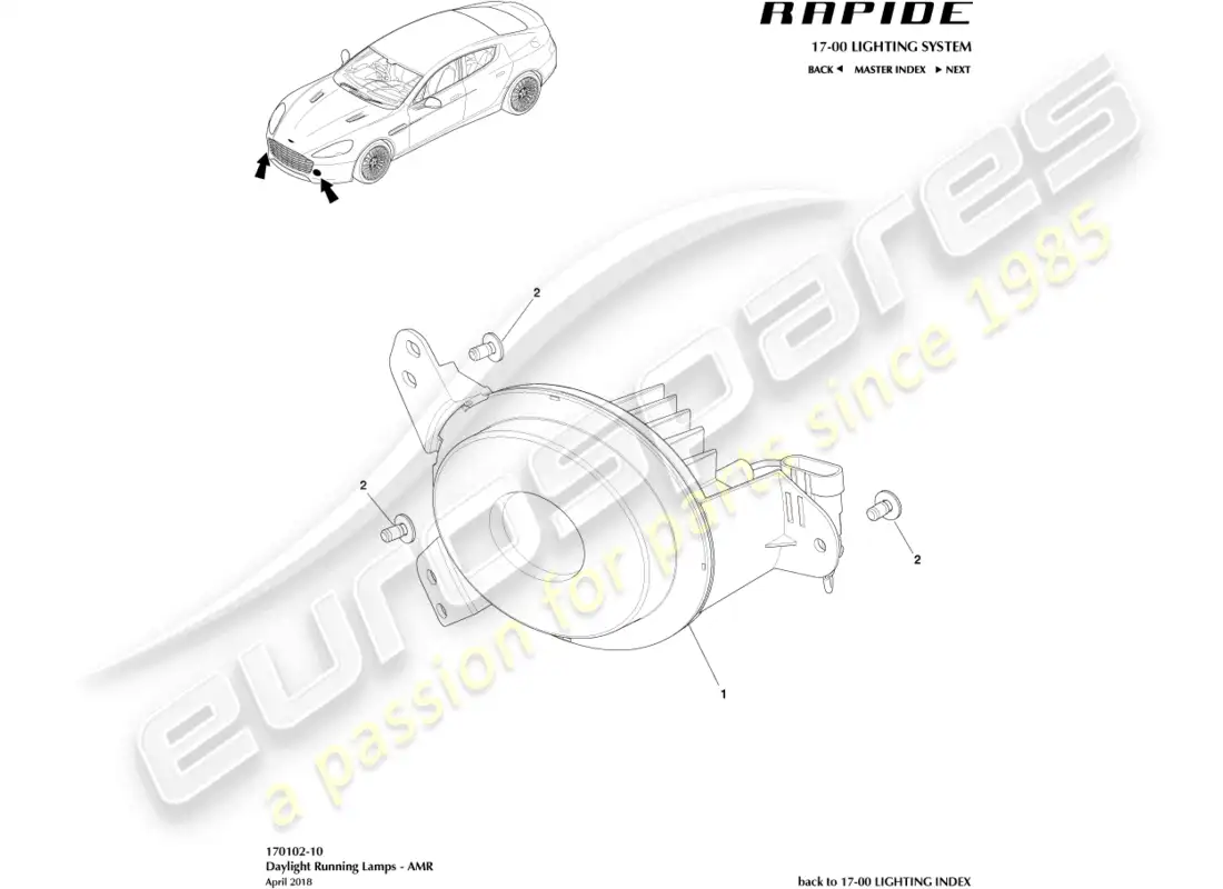 aston martin rapide (2017) daylight running lamps, amr parts diagram