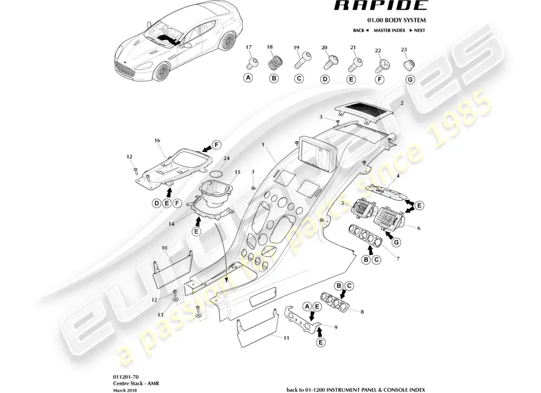 aston martin rapide (2016) centre stack trim panel, amr parts diagram