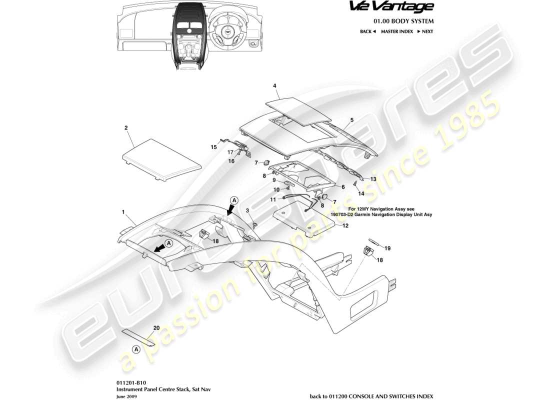 aston martin v12 vantage (2013) centre stack, with sat nav part diagram