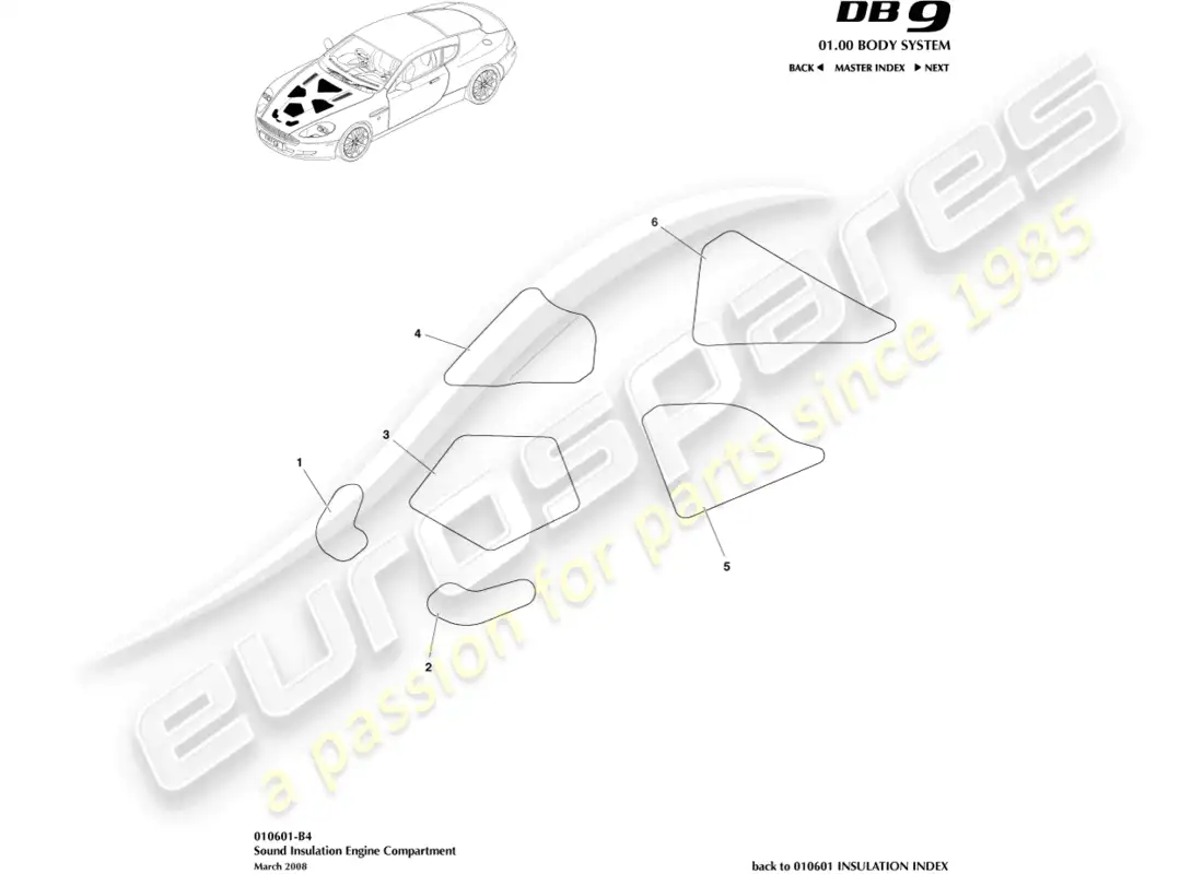 aston martin db9 (2006) sound insulation, engine comp parts diagram