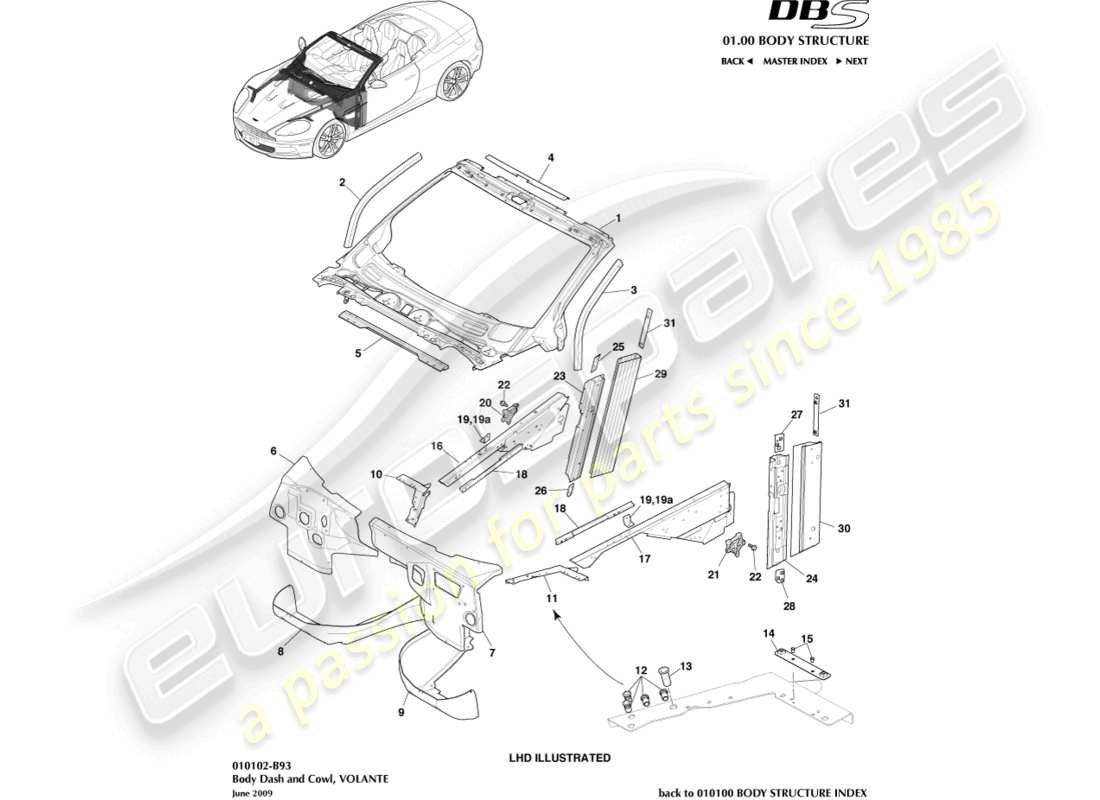 aston martin dbs (2009) body dash and cowl, volante part diagram