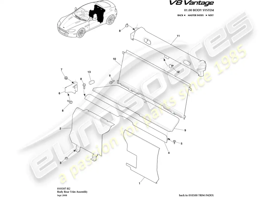 aston martin v8 vantage (2015) rear end trim, coupe part diagram