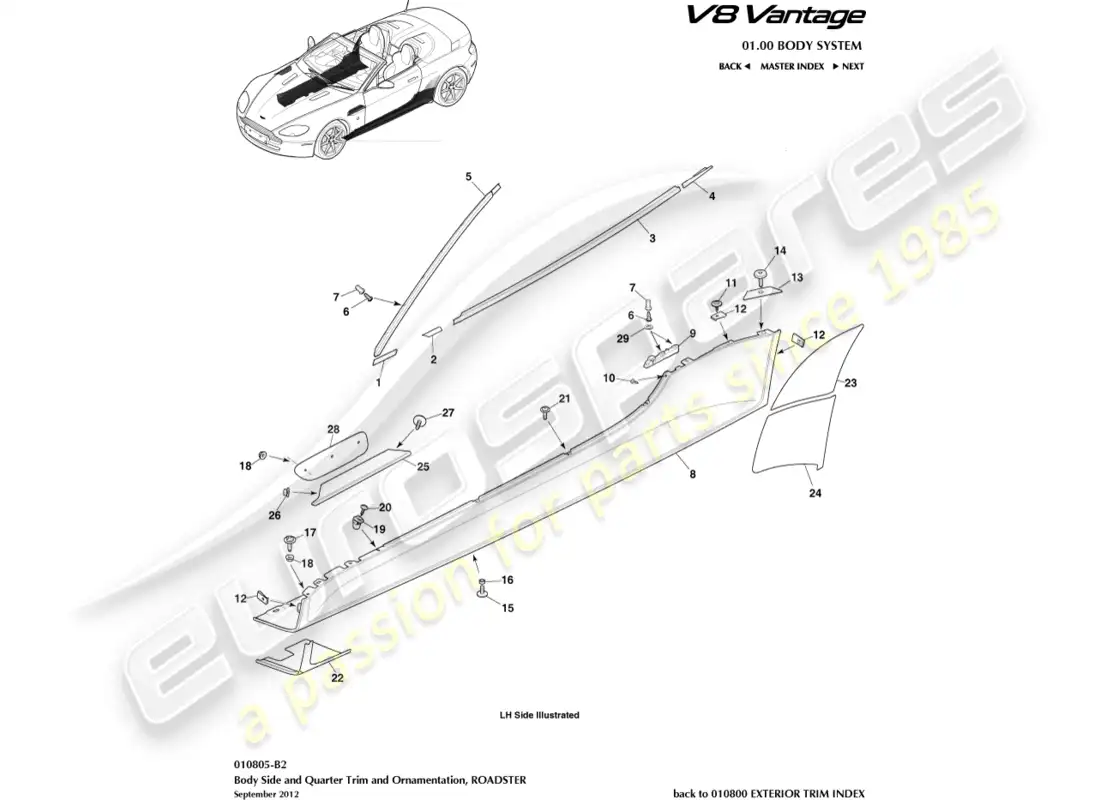 aston martin v8 vantage (2015) bodyside & quarter trim, roadster part diagram