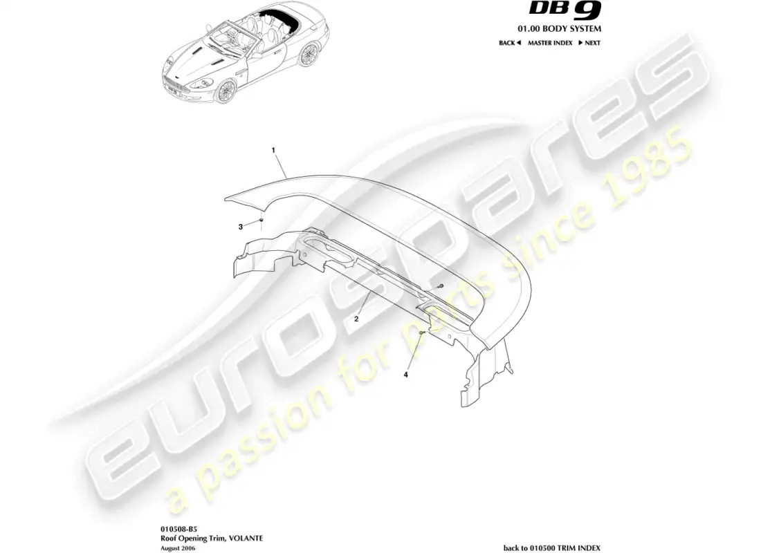 aston martin db9 (2006) roof opening trim parts diagram