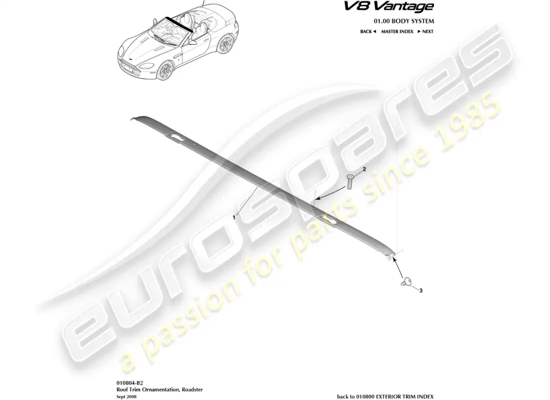 aston martin v8 vantage (2015) roof trim, roadster part diagram