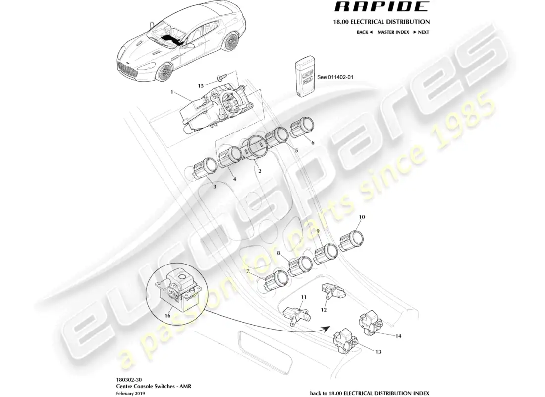 aston martin rapide (2012) centre console switches, amr parts diagram