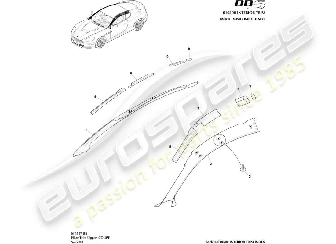 aston martin dbs (2011) pillar trim, upper, coupe parts diagram