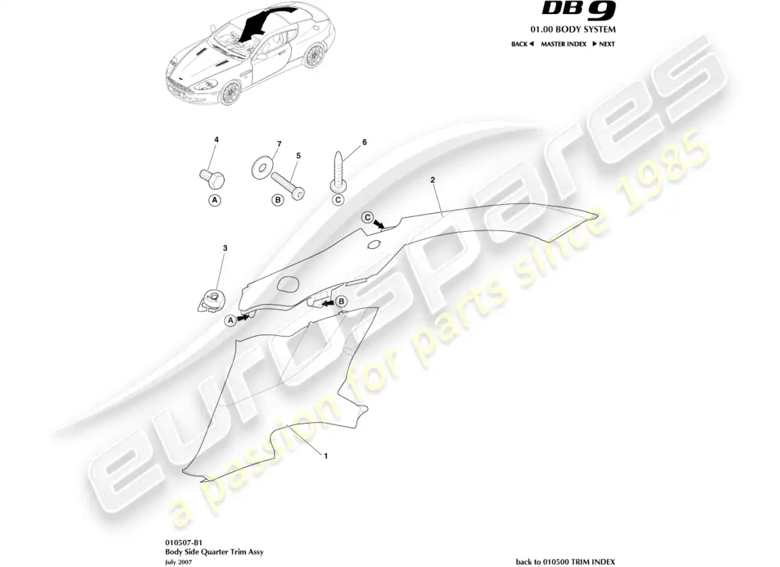 aston martin db9 (2006) body side quarter trim, coupe parts diagram