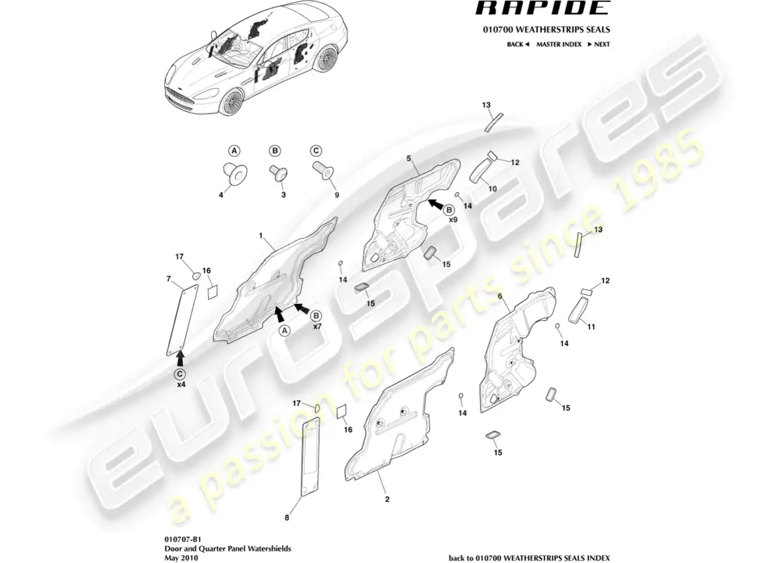 aston martin rapide (2019) door watershields parts diagram