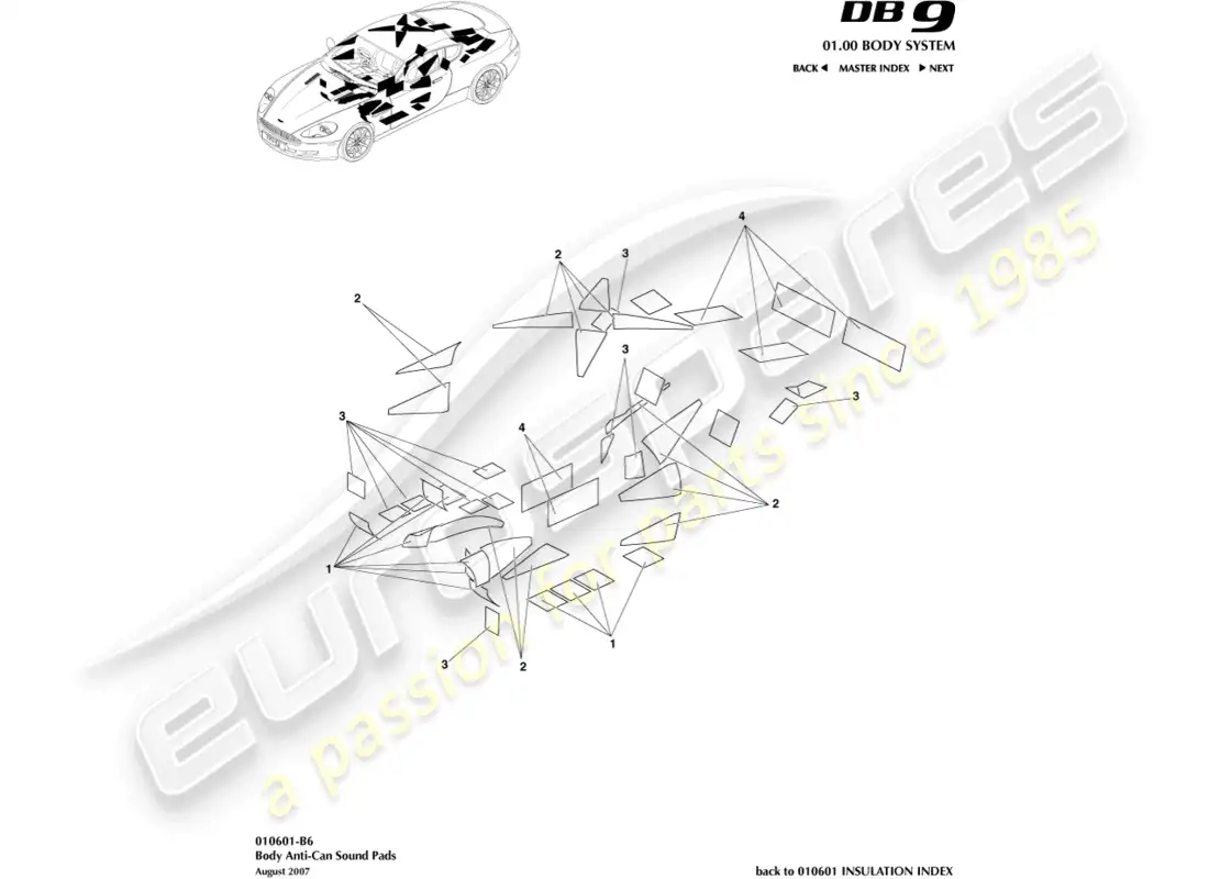 aston martin db9 (2006) anti-can sound pads parts diagram