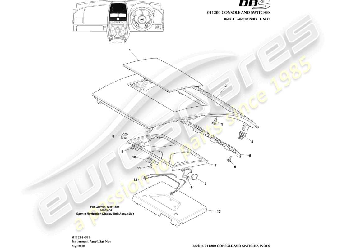 aston martin dbs (2008) instrument panel, sat nav, 09my part diagram