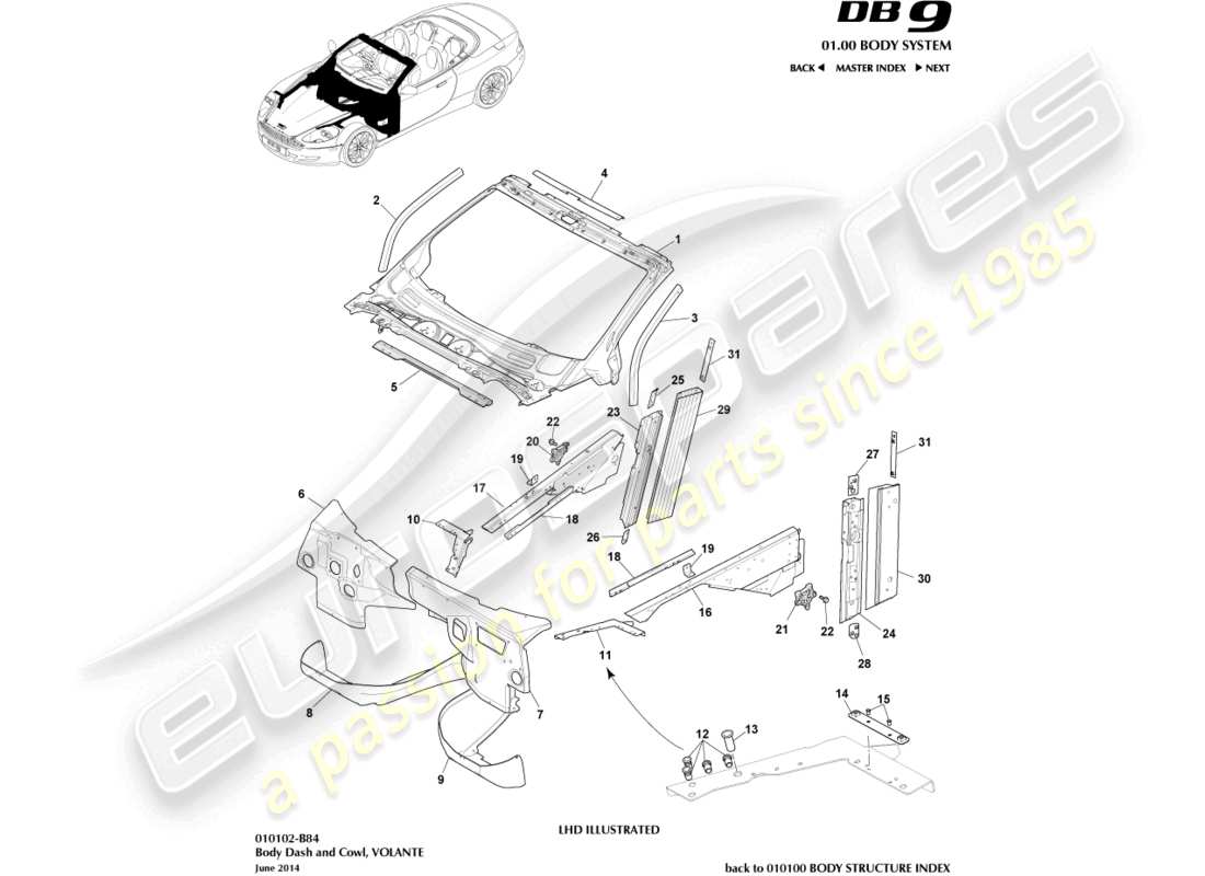 a part diagram from the Aston Martin DB9 (2012) parts catalogue