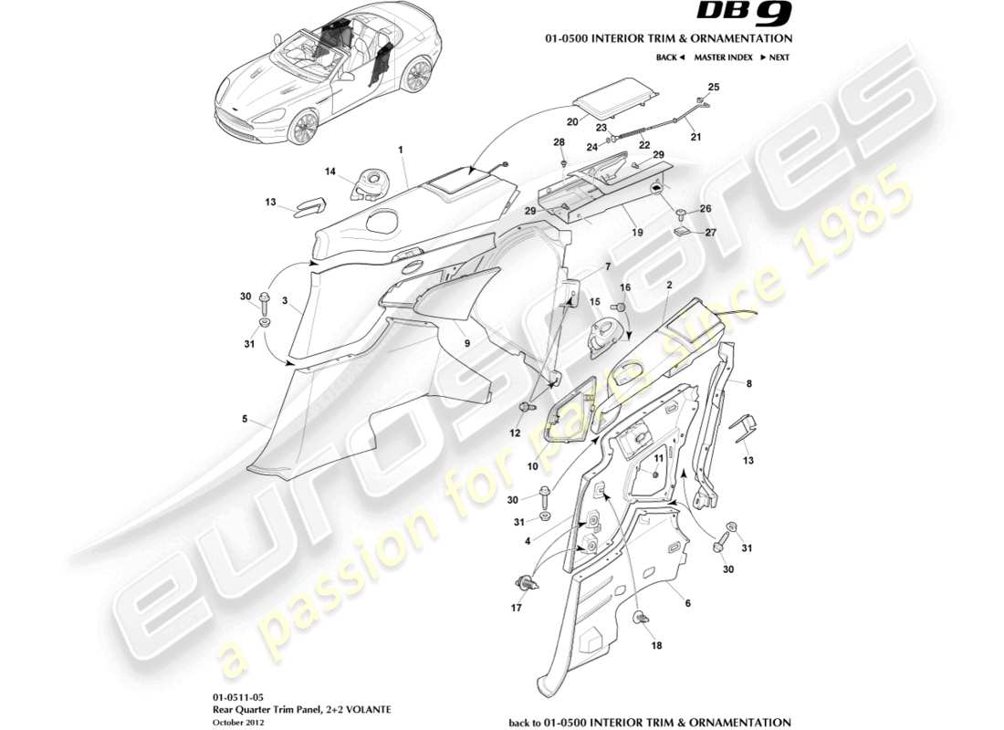 aston martin db9 (2016) rear quarter trim panel, 2+2 volante part diagram