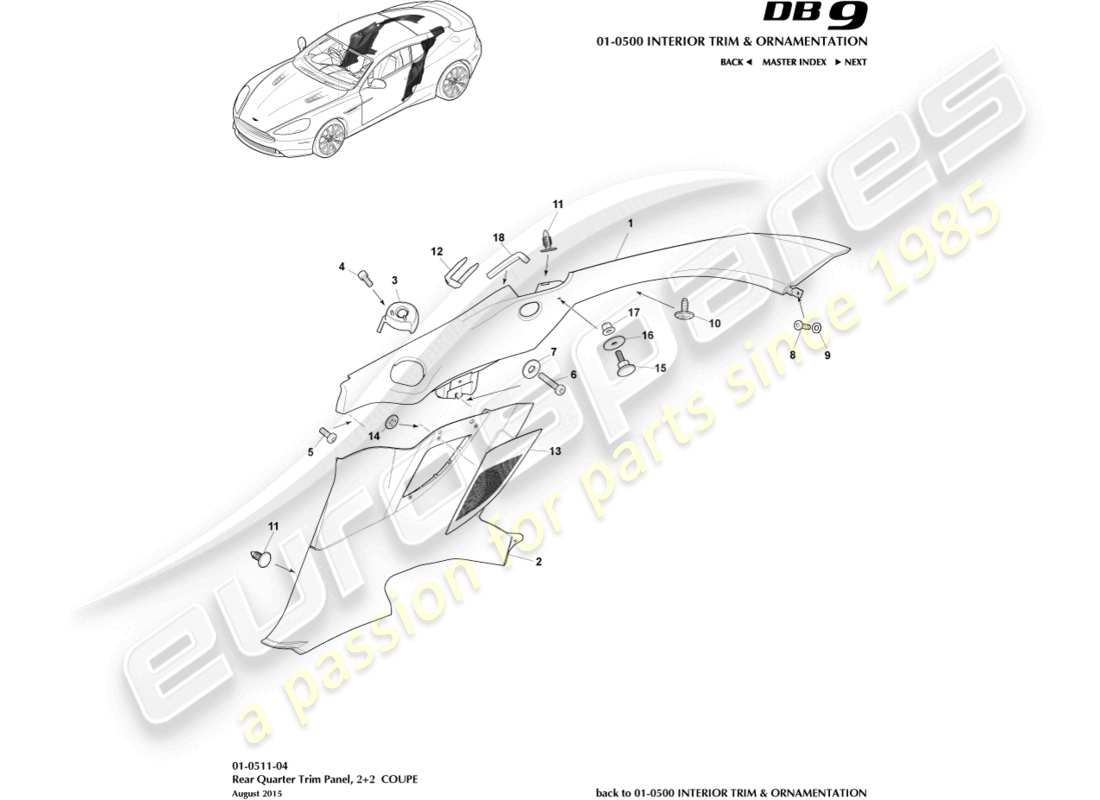aston martin db9 (2017) rear quarter trim panel, 2+2 coupe part diagram