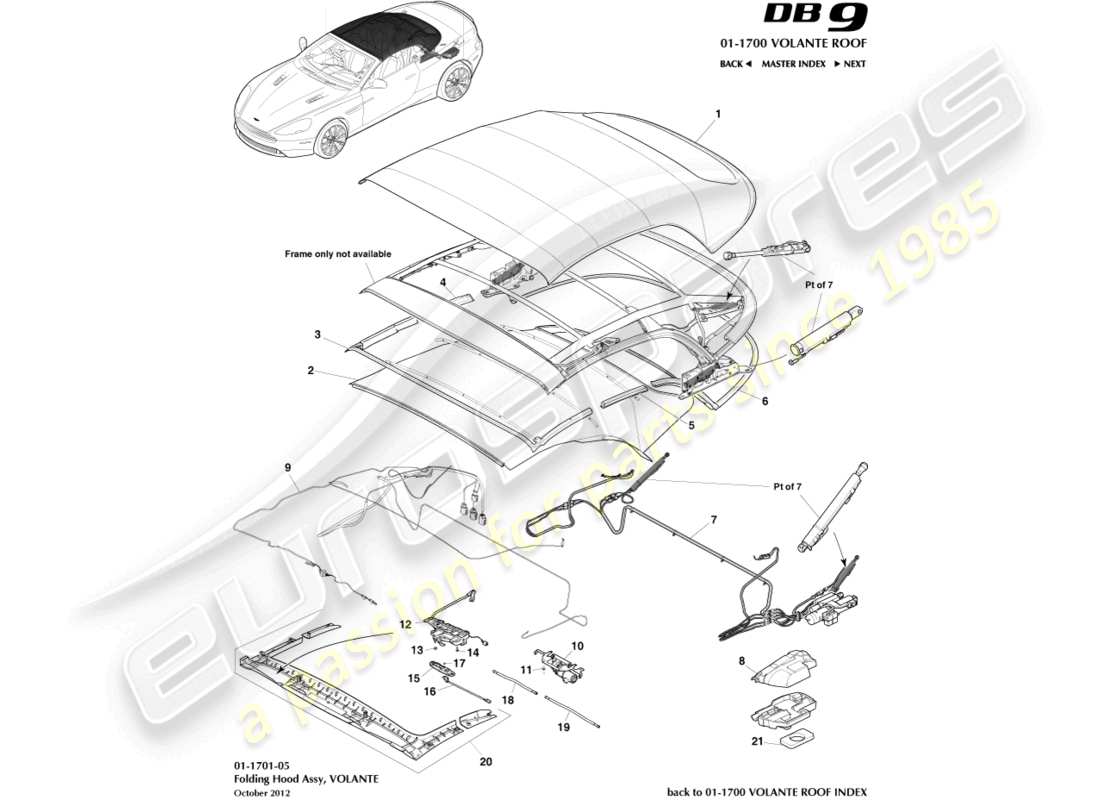 aston martin db9 (2016) volante roof assembly part diagram