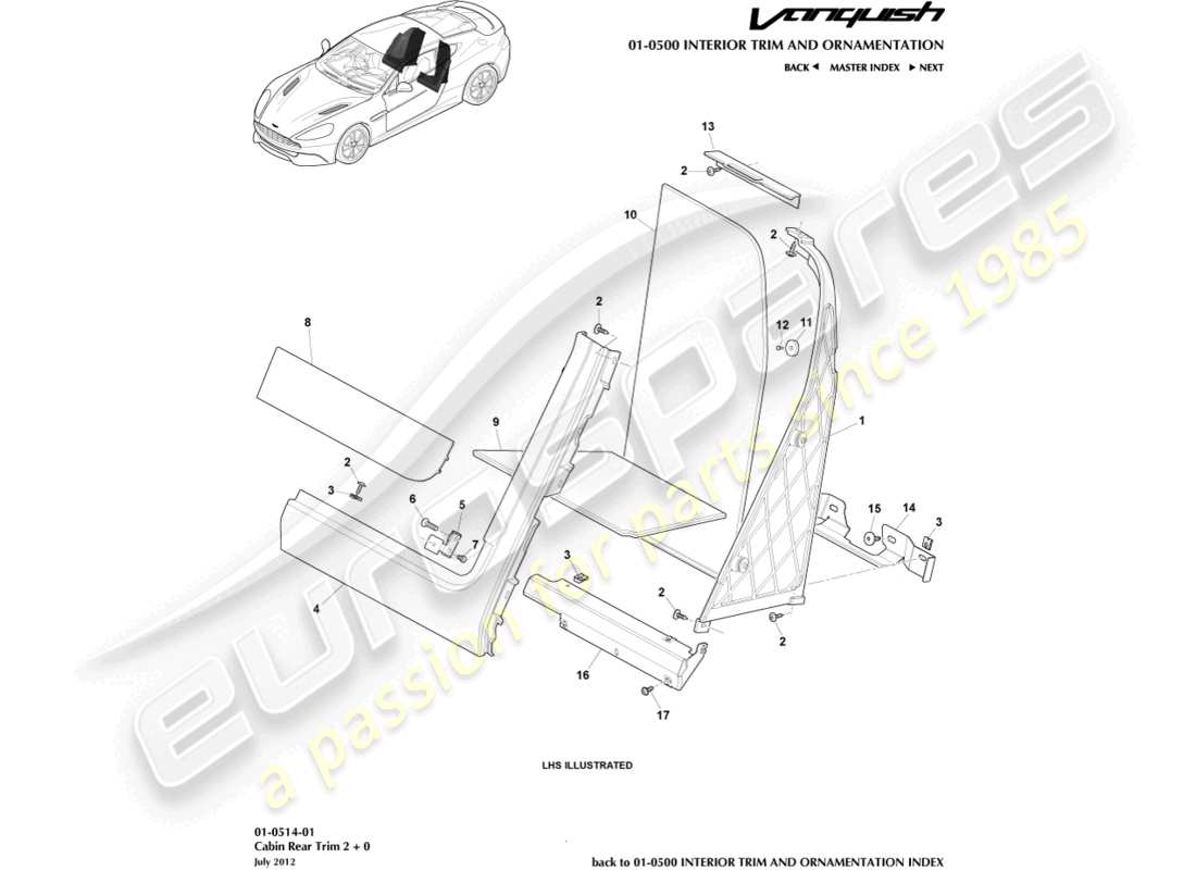 aston martin vanquish (2018) cabin rear trim, 2+0 coupe part diagram
