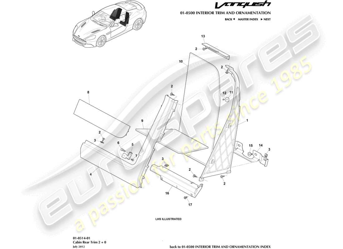 aston martin vanquish (2018) cabin rear trim, 2+0 coupe part diagram