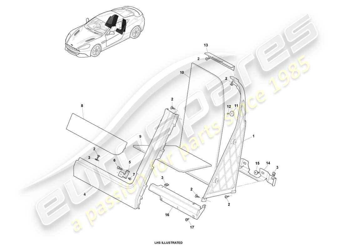 aston martin vanquish (2013) cabin rear trim, 2+0 coupe part diagram