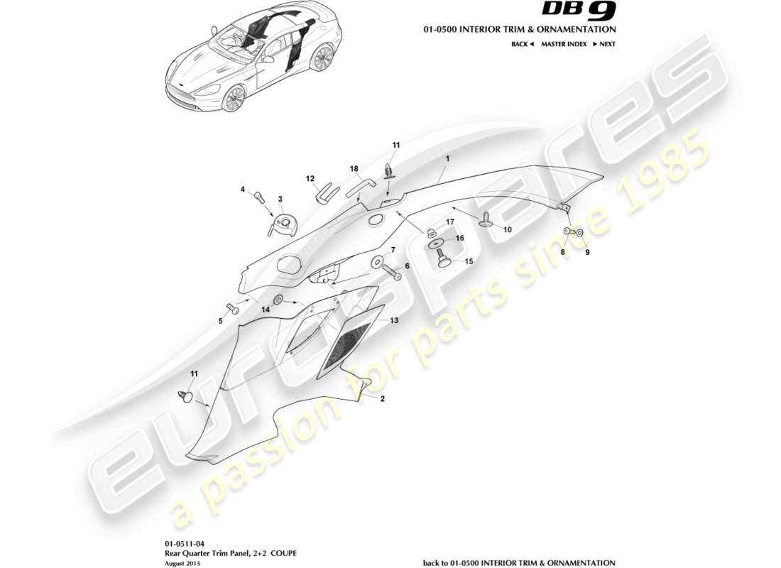 aston martin db9 (2015) rear quarter trim panel, 2+2 coupe part diagram