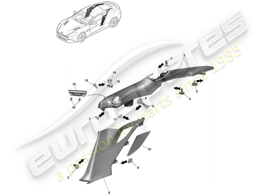 aston martin vanquish (2013) rear quarter trim panel, 2+0 coupe part diagram