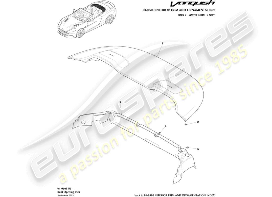 aston martin vanquish (2015) roof opening trim, volante part diagram