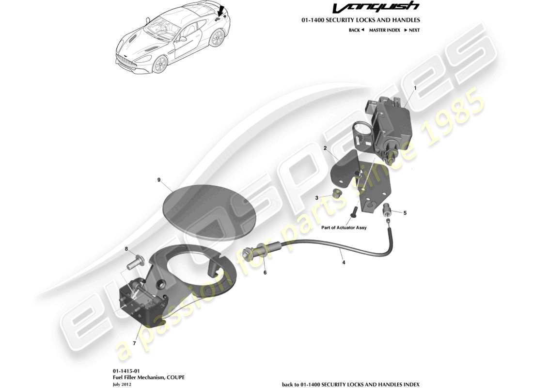 aston martin vanquish (2016) fuel filler mechanism, coupe part diagram