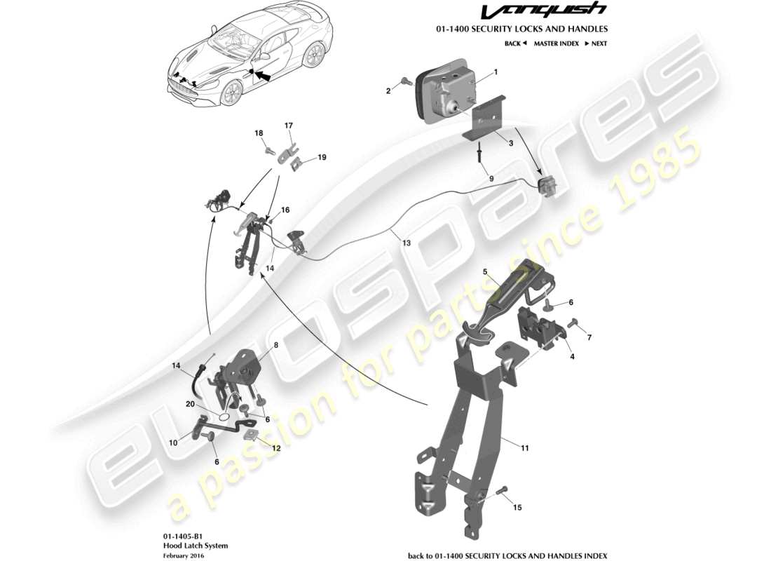 aston martin vanquish (2016) bonnet latch & actuation part diagram