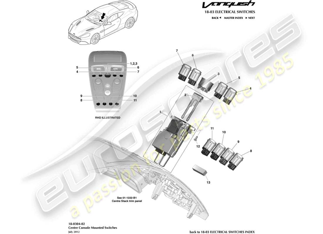 aston martin vanquish (2015) centre console switches part diagram