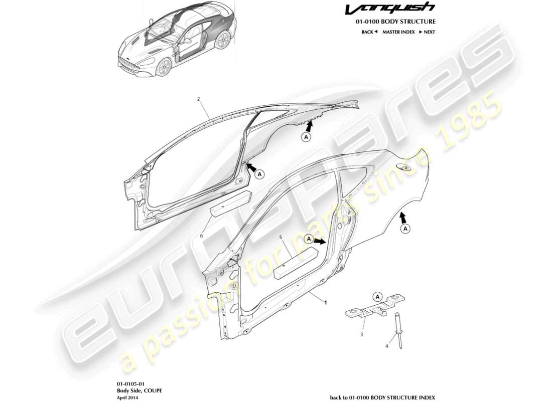 aston martin vanquish (2018) body side, coupe part diagram