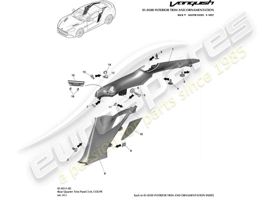 aston martin vanquish (2016) rear quarter trim panel, 2+0 coupe part diagram