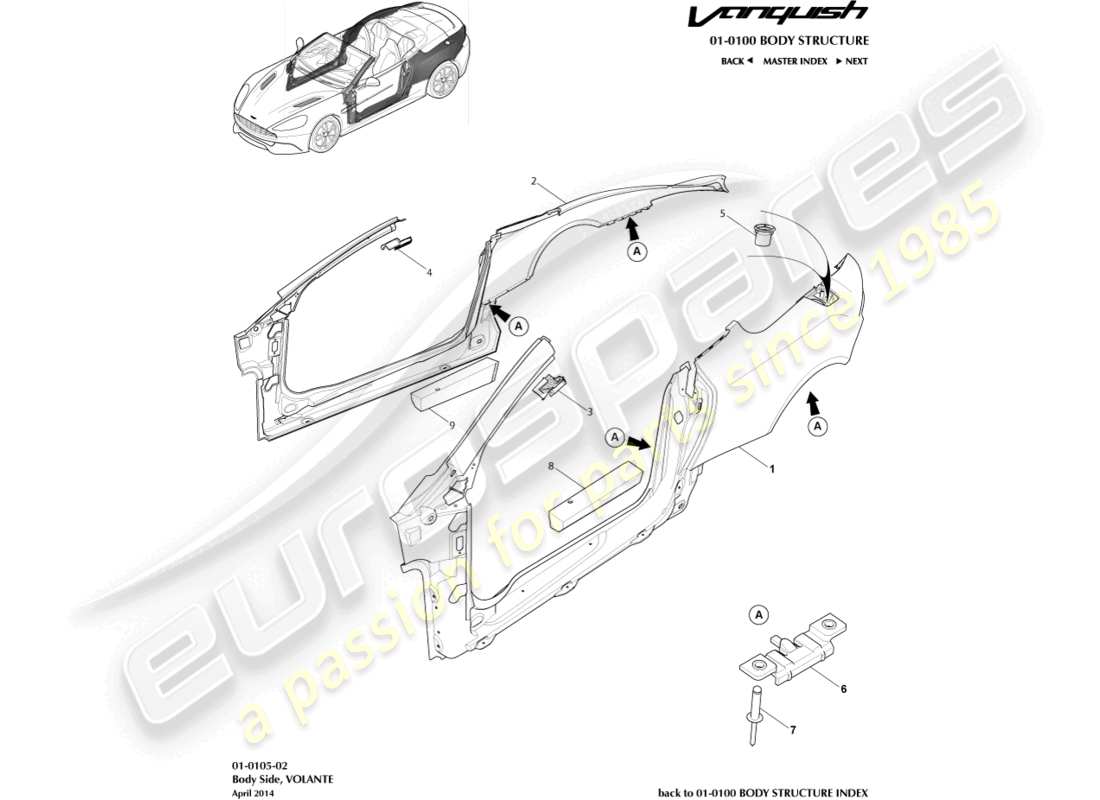 aston martin vanquish (2017) body side, volante part diagram