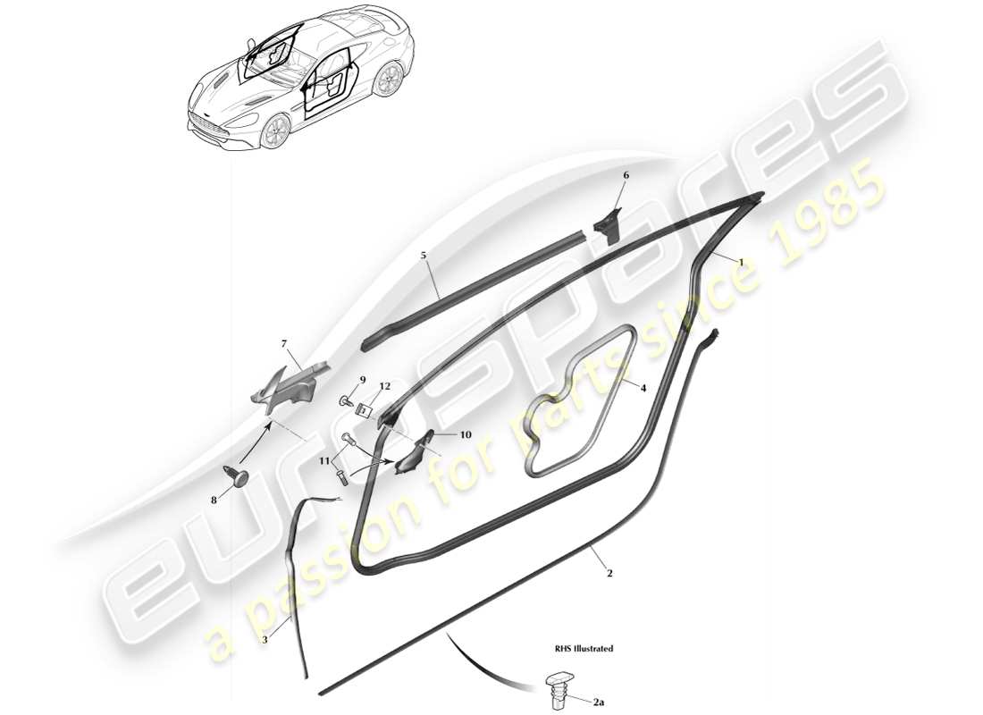 aston martin vanquish (2014) door weatherstrips, coupe part diagram