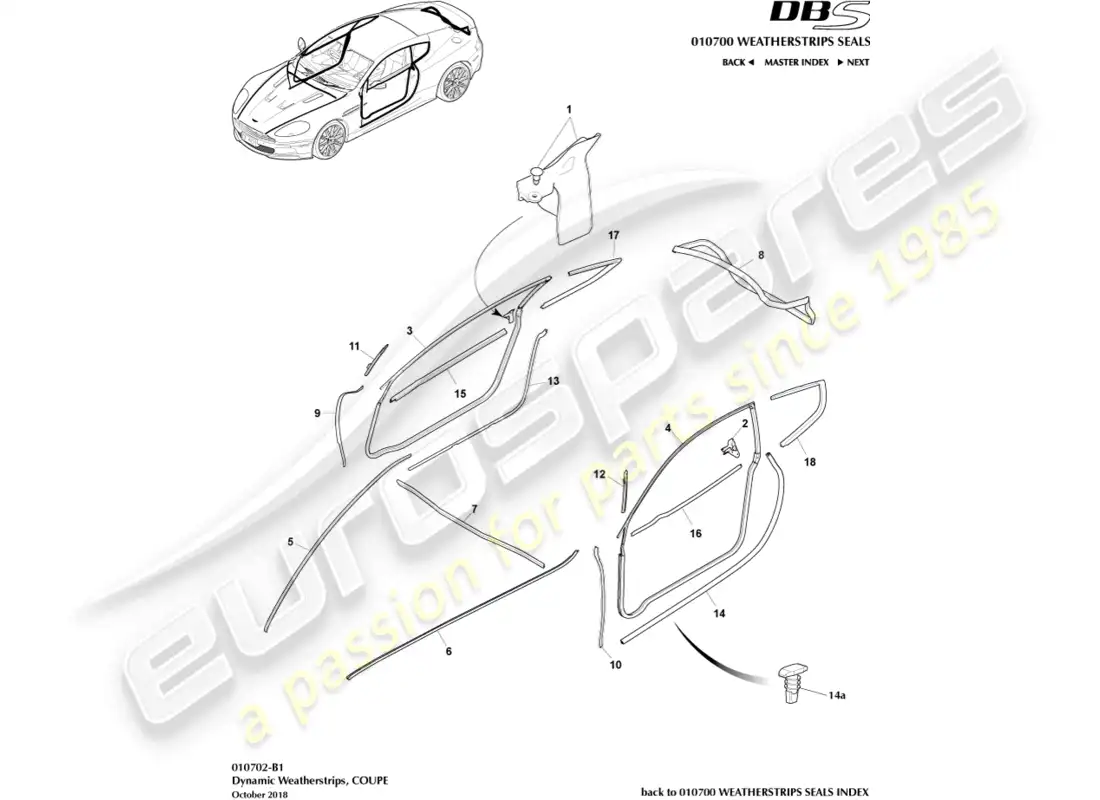 aston martin dbs (2011) dynamic weatherstrips, coupe parts diagram