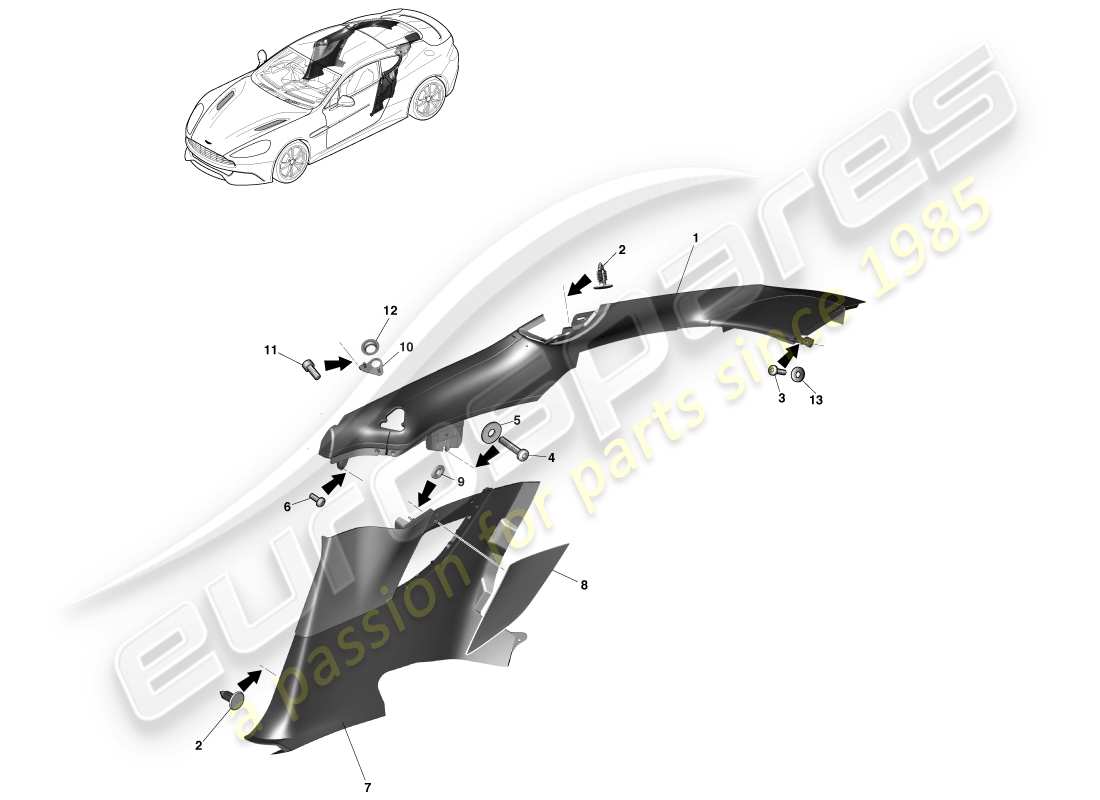 aston martin vanquish (2014) rear quarter trim panel, 2+2 coupe part diagram