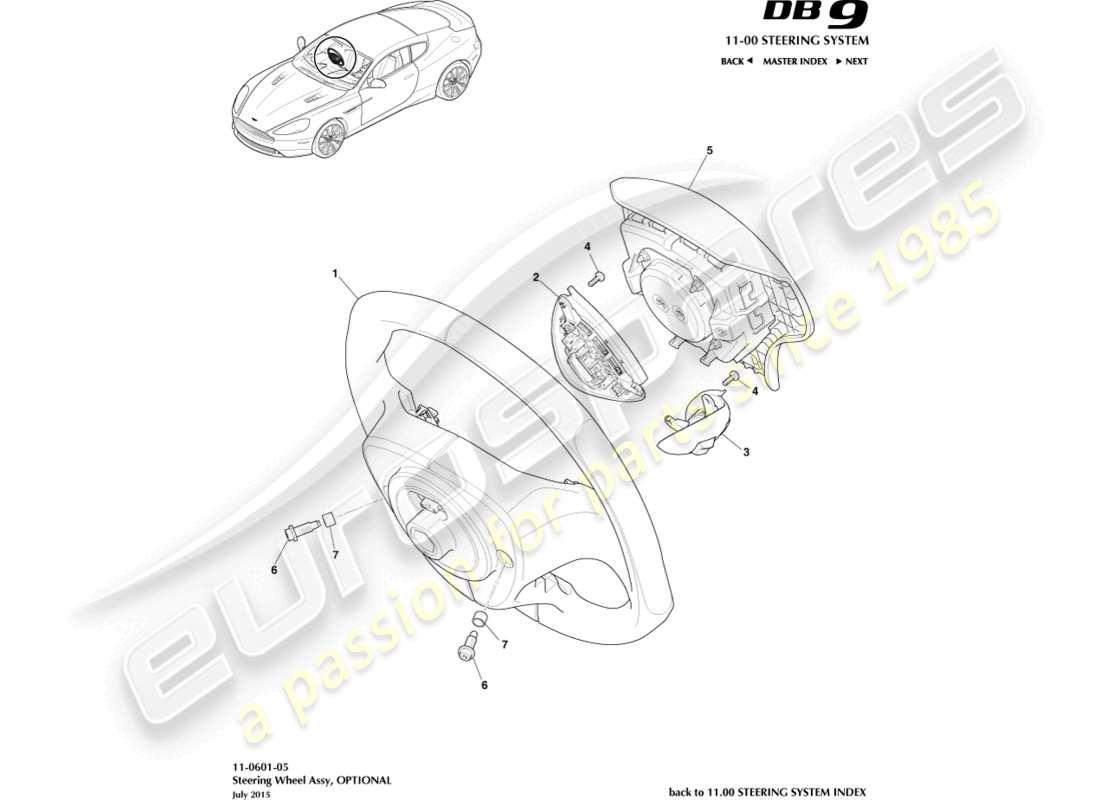aston martin db9 (2015) steering wheel, optional part diagram