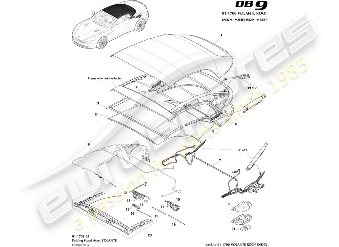 aston martin db9 (2015) volante roof assembly part diagram