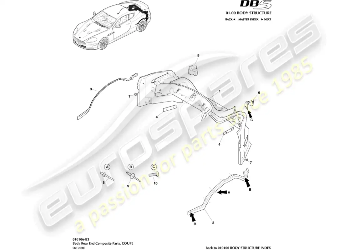 aston martin dbs (2011) body rear end composite, coupe parts diagram