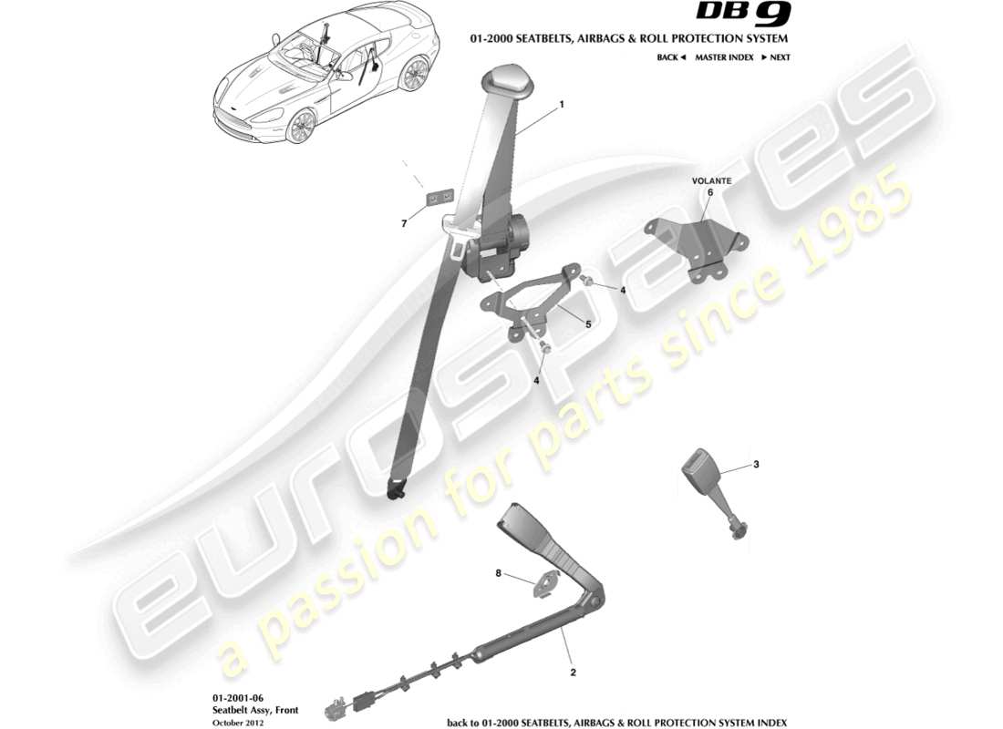 aston martin db9 (2013) front seat belts parts diagram