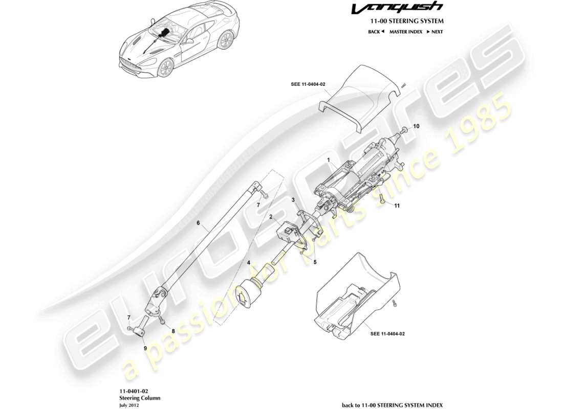aston martin vanquish (2018) steering column assembly part diagram