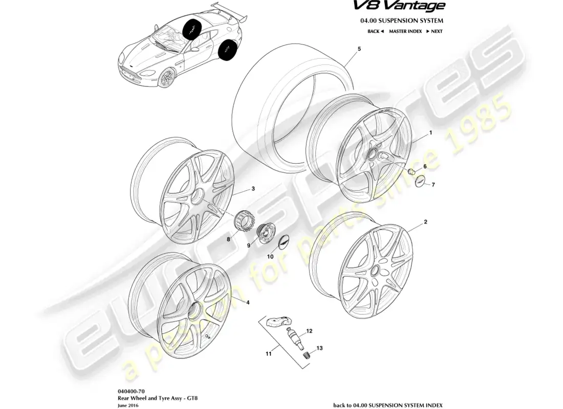 aston martin v8 vantage (2015) rear wheels & tyres, gt8 part diagram