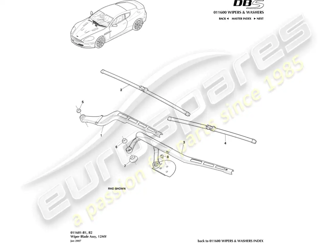 aston martin dbs (2010) wiper blade assembly, 12my parts diagram