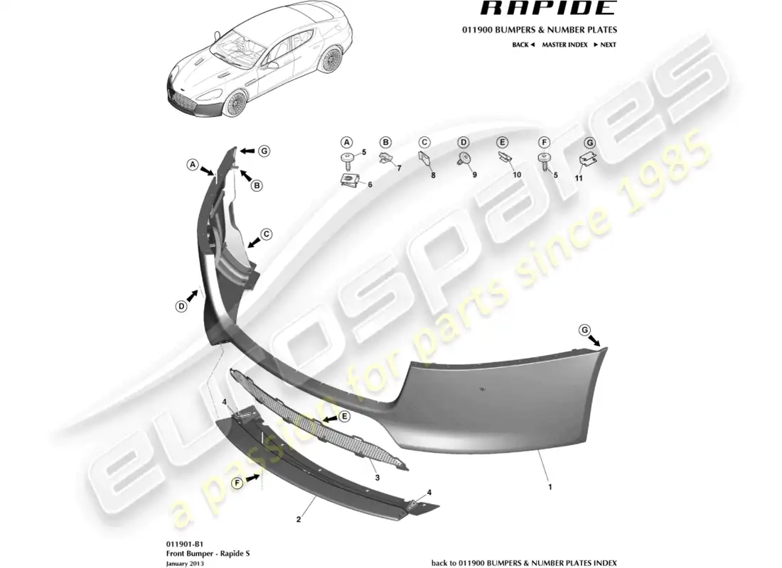 aston martin rapide (2019) front bumper, s parts diagram