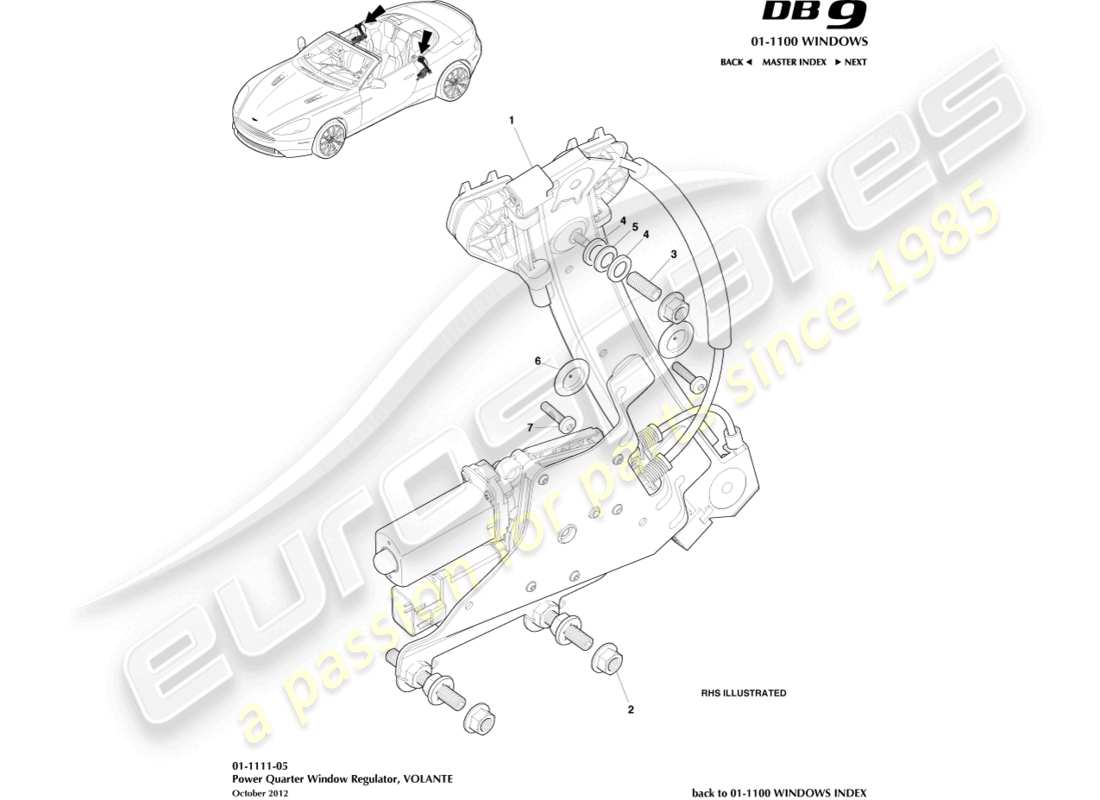 aston martin db9 (2016) rear quarter window regulator, volante part diagram