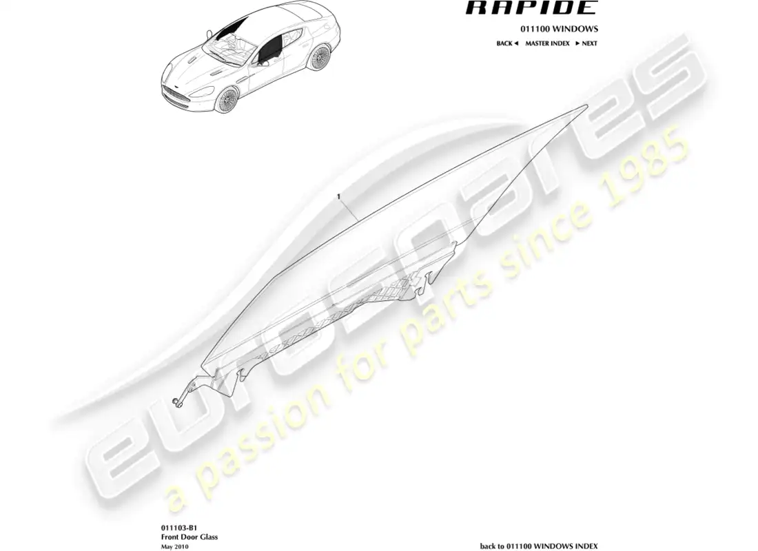 aston martin rapide (2012) front door glass parts diagram