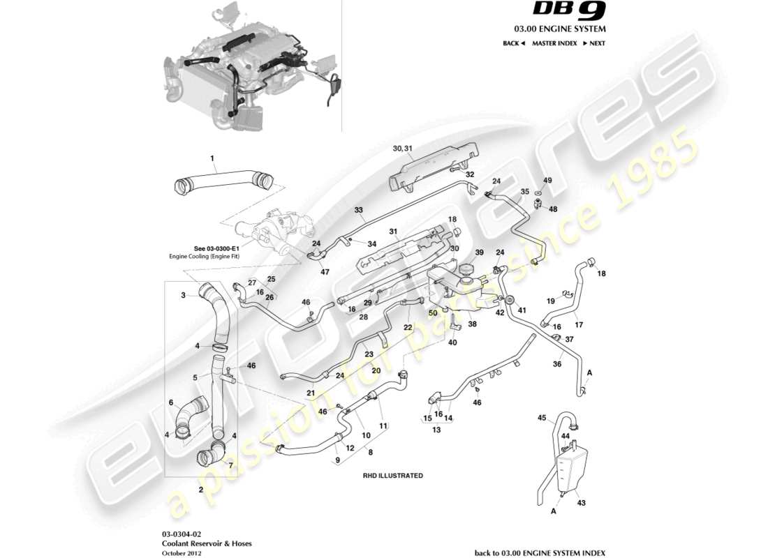 aston martin db9 (2015) coolant reservoir & hoses part diagram