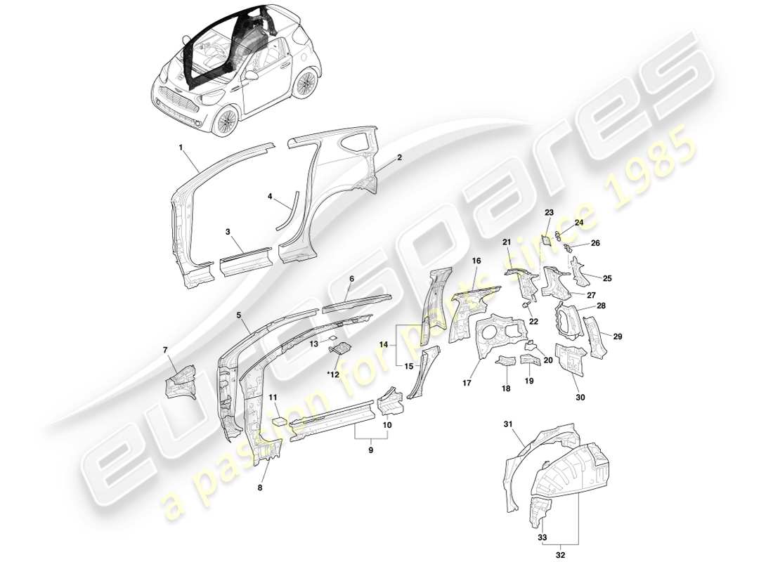 aston martin cygnet (2012) bodyside & quarter panel, rhs part diagram