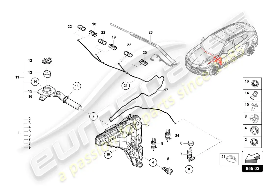 lamborghini urus (2020) windscreen washer system parts diagram