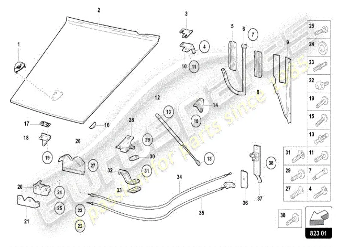 lamborghini diablo vt (1997) bonnet front parts diagram