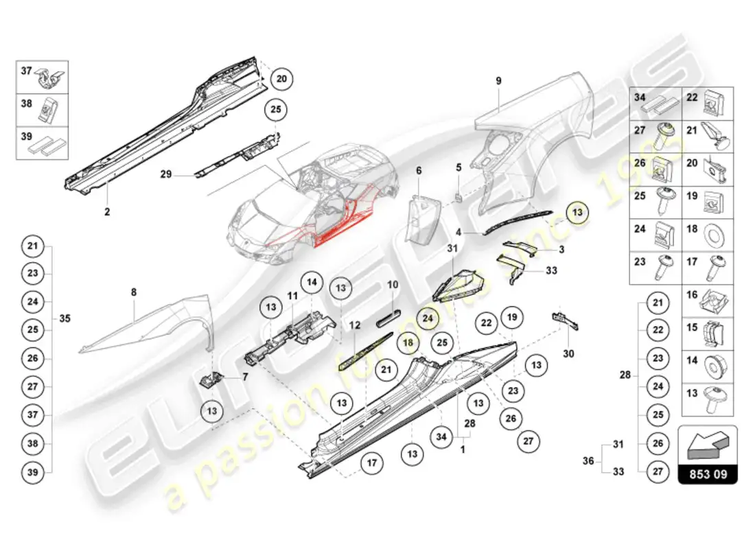 lamborghini tecnica (2024) lower external side member for wheel housing parts diagram